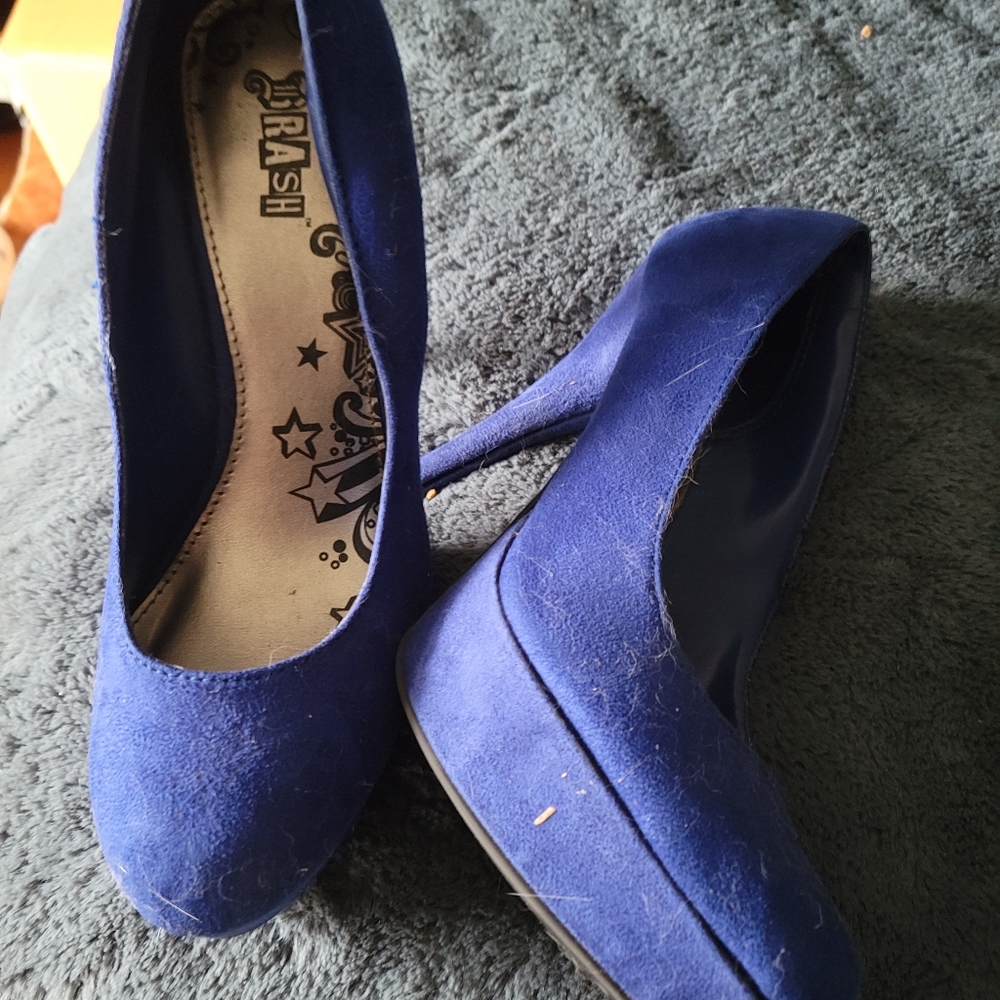 Blue suede platform heels